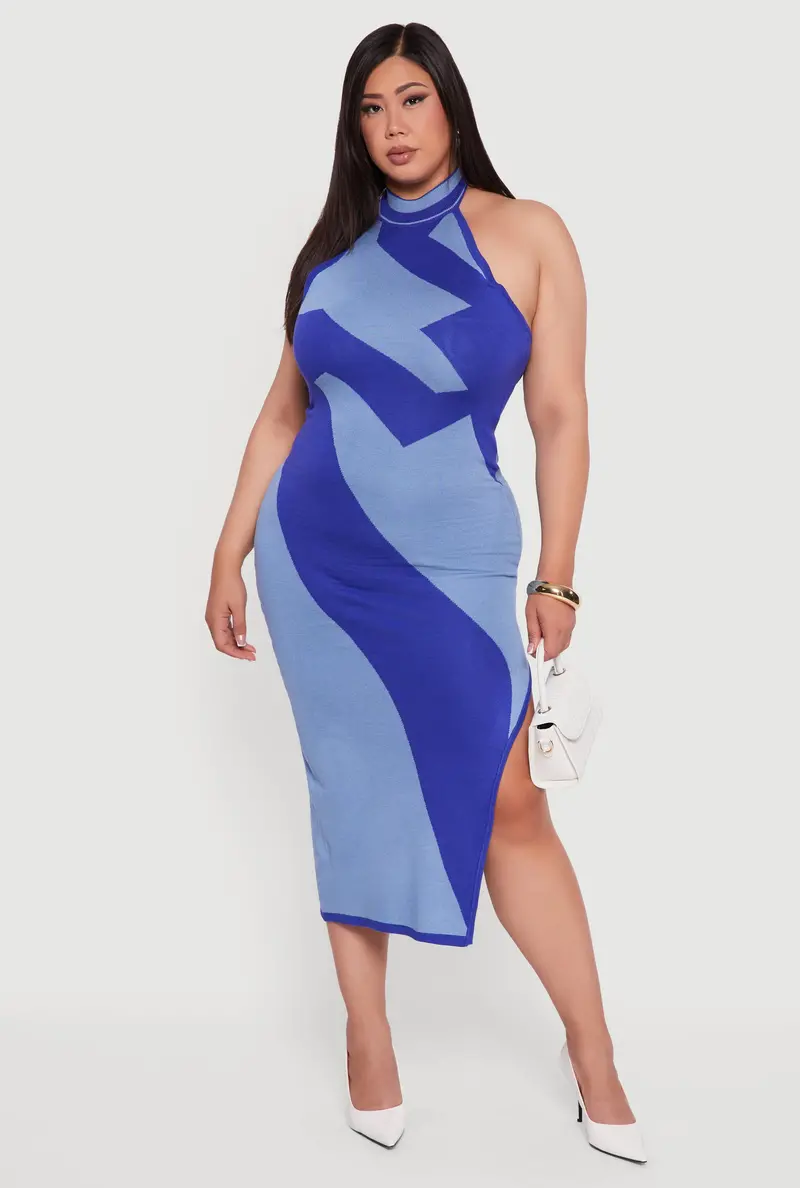 Abstract-Print Halter Maxi Dress With Mock Neck – Plus Size 1