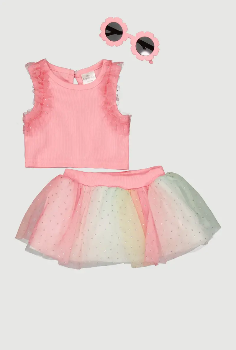 Adorable Infant Outfit: Ribbed Top, Tutu Skirt & Fun Sunglasses 1