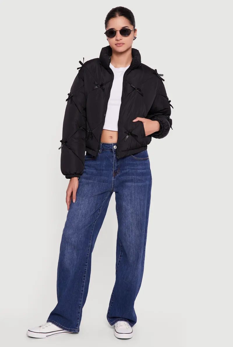 Almost Famous Bow-Embellished Zip-Front Puffer Jacket 1