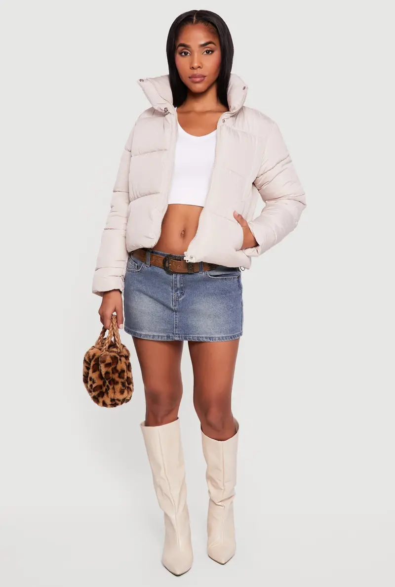 Almost Famous Mock Neck Puffer Jacket With Zip Front 1