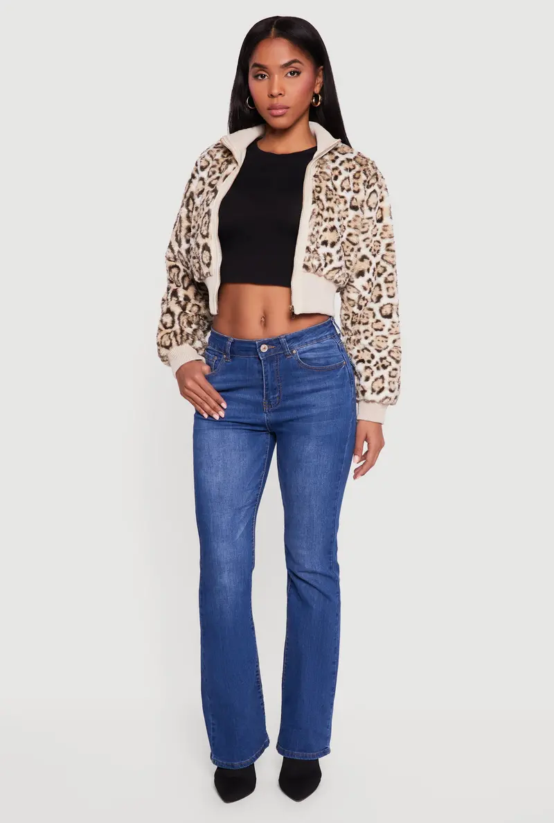 Animal Print Cropped Bomber Jacket With Faux Fur Trim 1