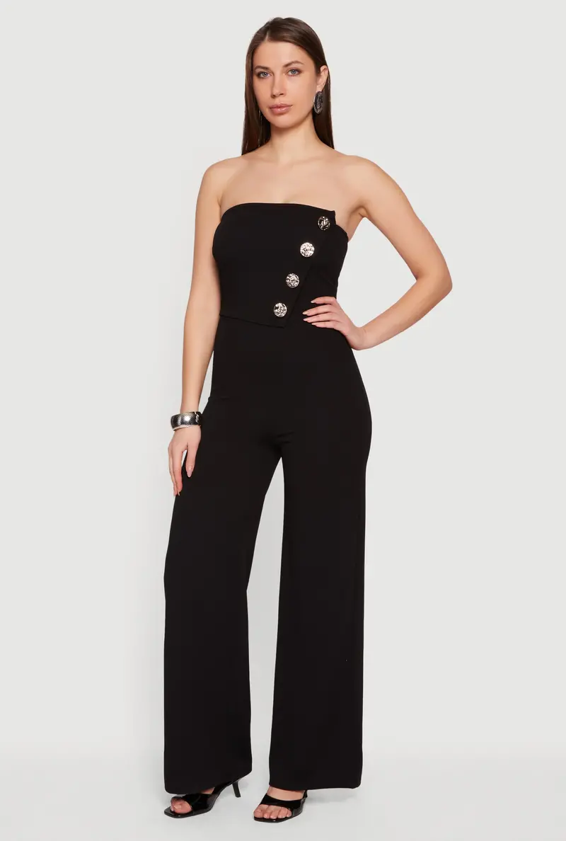 Asymmetrical Crepe Knit Jumpsuit – Modern Faux Button Silhouette 1