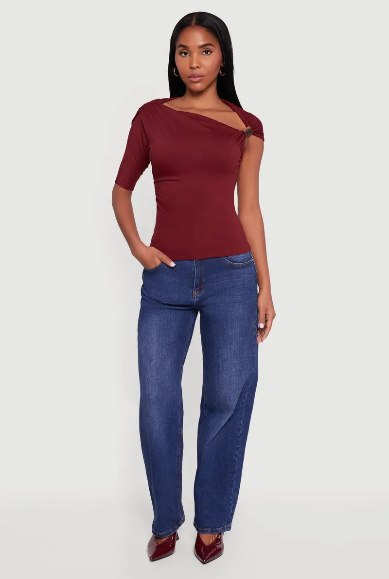 Asymmetrical-Neck Blouse With Metallic Details And Side Ruching 1