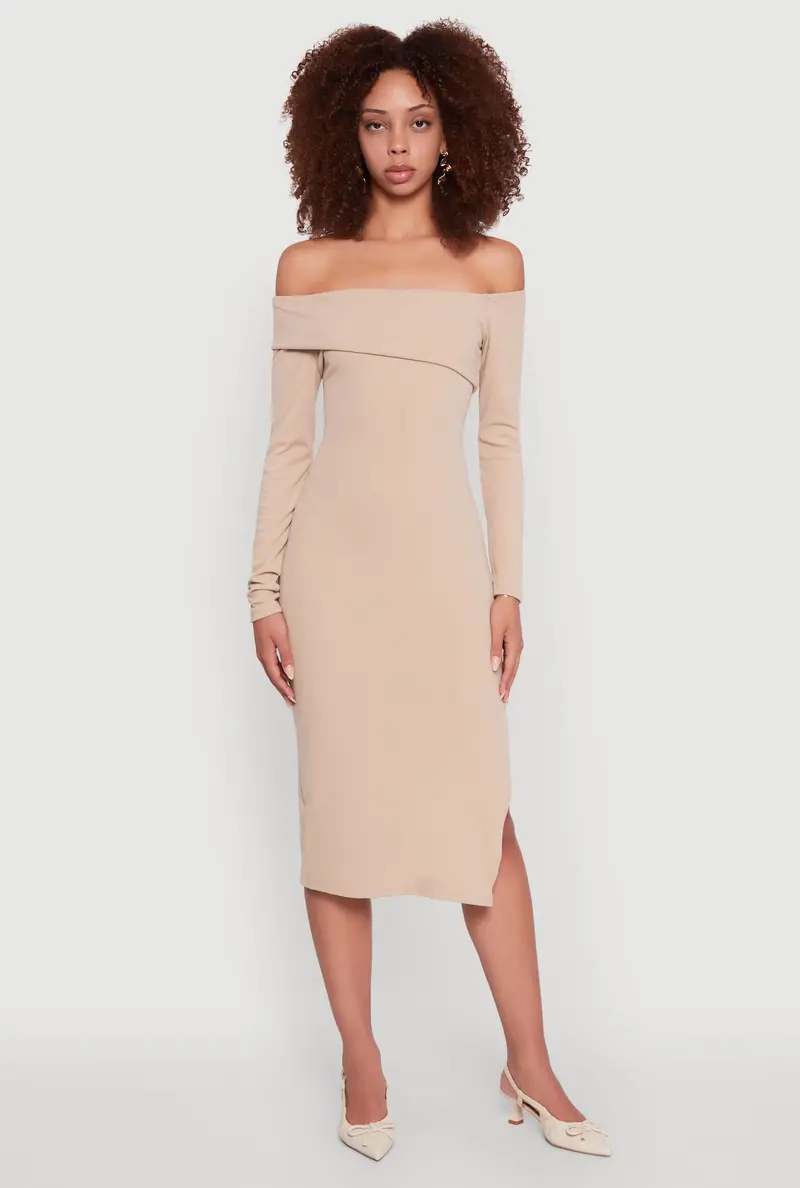 Asymmetrical Off-Shoulder Dress With Fold-Over Design And Side Slit 1