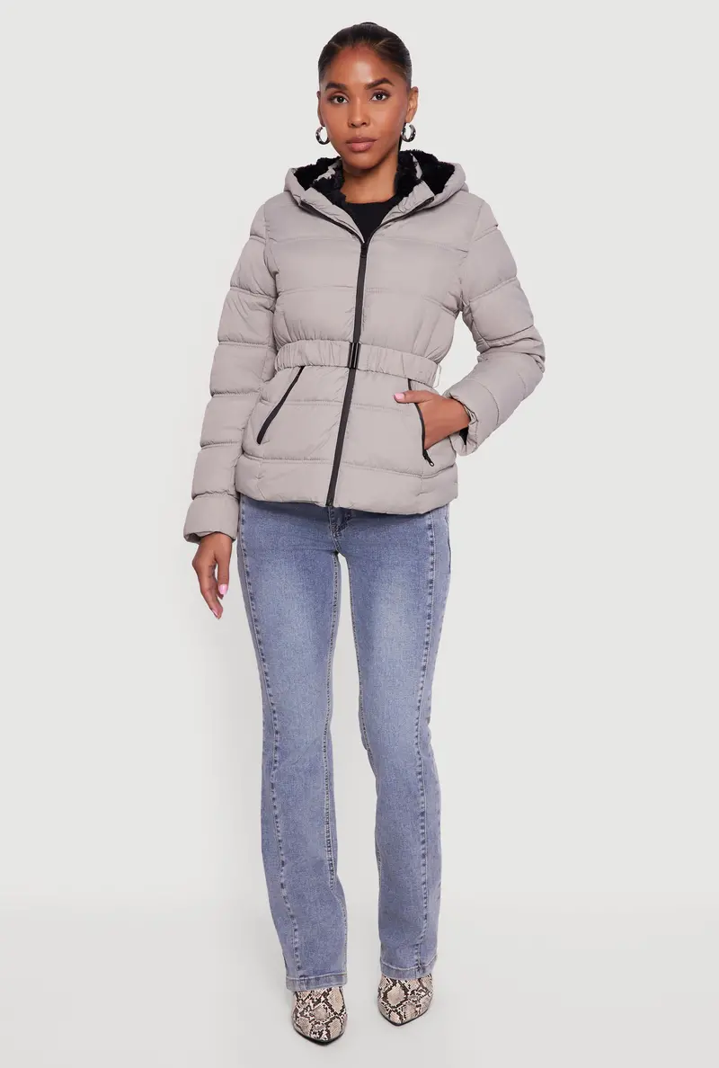 Belted Hooded Puffer Jacket Lined With Faux Fur 1