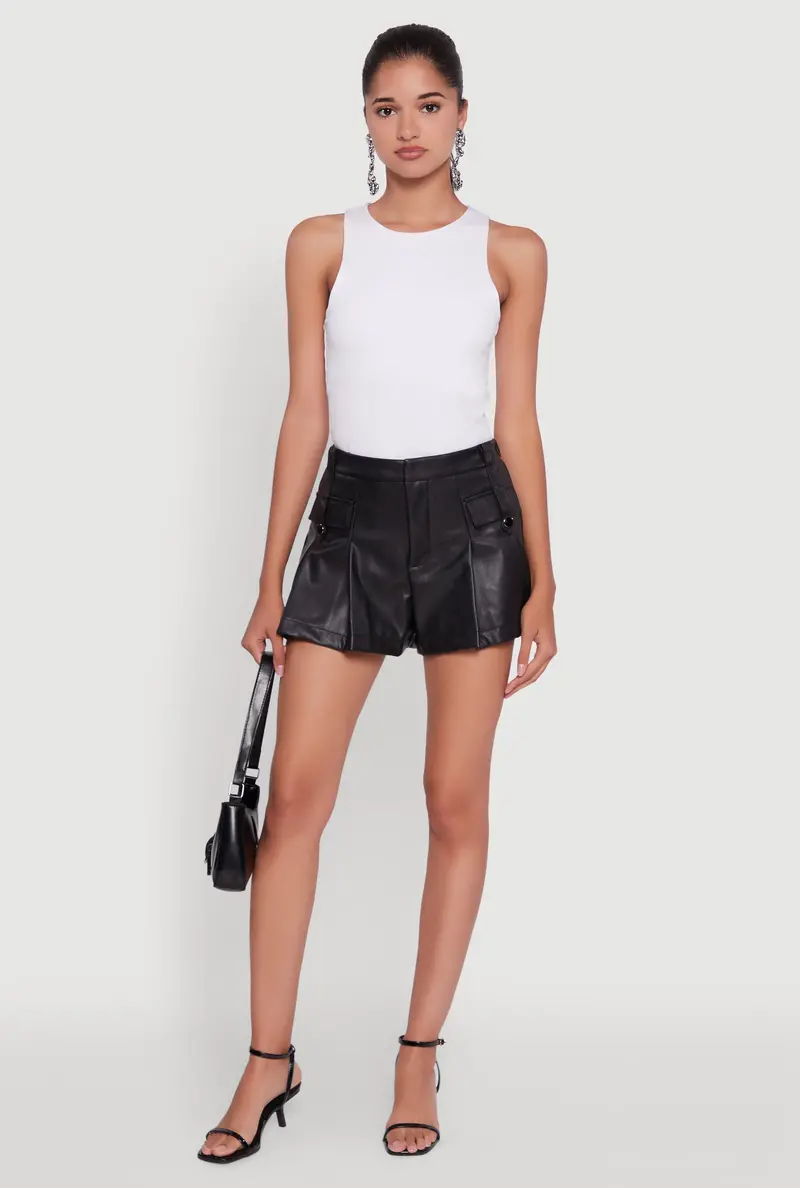 Belted Pleated Faux Leather Shorts – High-Waisted Silhouette 1