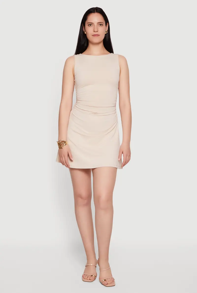Boat Neck Ruched Mini Dress With Flattering Side Detail 1
