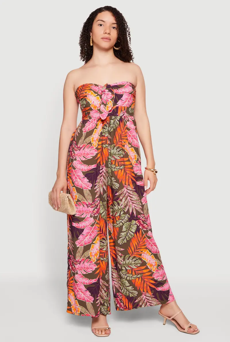 Botanical Leaf-Print Jumpsuit – Adjustable Tie Front & Flowy Silhouette 1