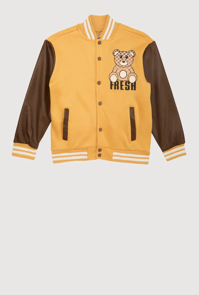 Boys' Faux Leather Sleeve Varsity Jacket – Bold Graphic Style 1