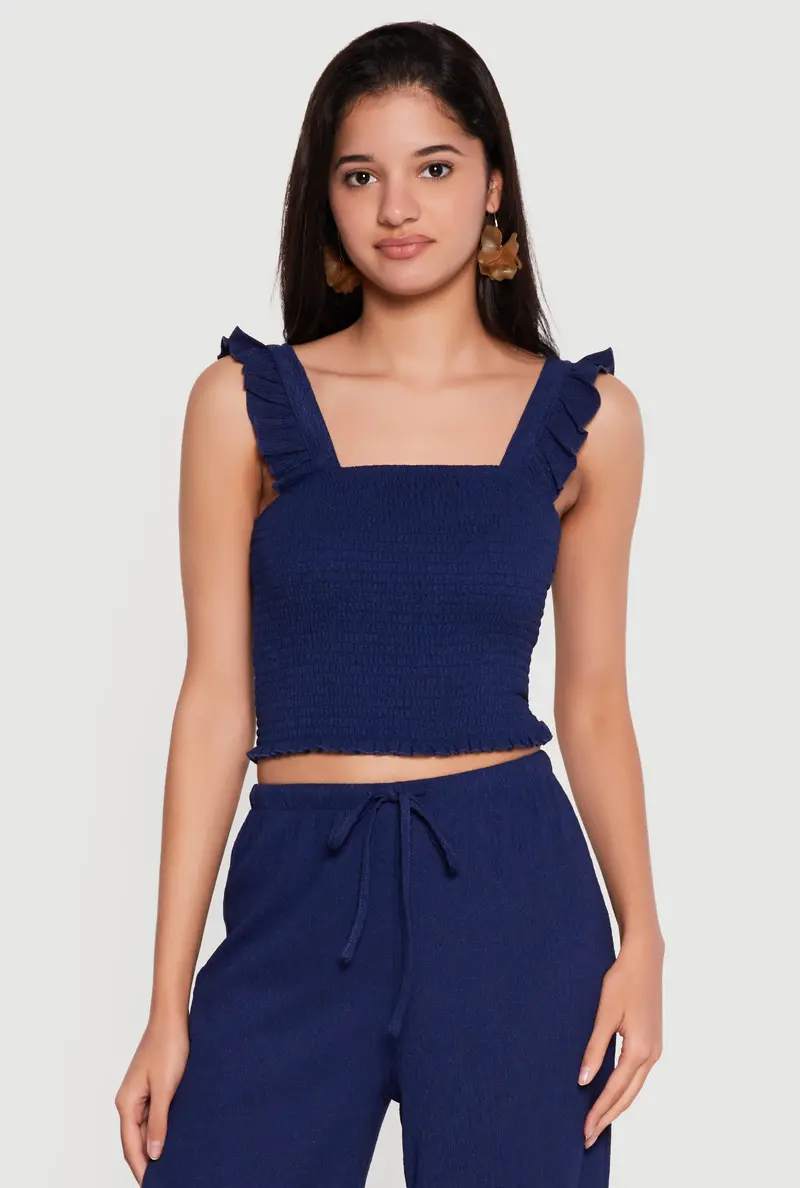 Breathable Smocked Crop Top Featuring Adjustable Ruffle Straps 1