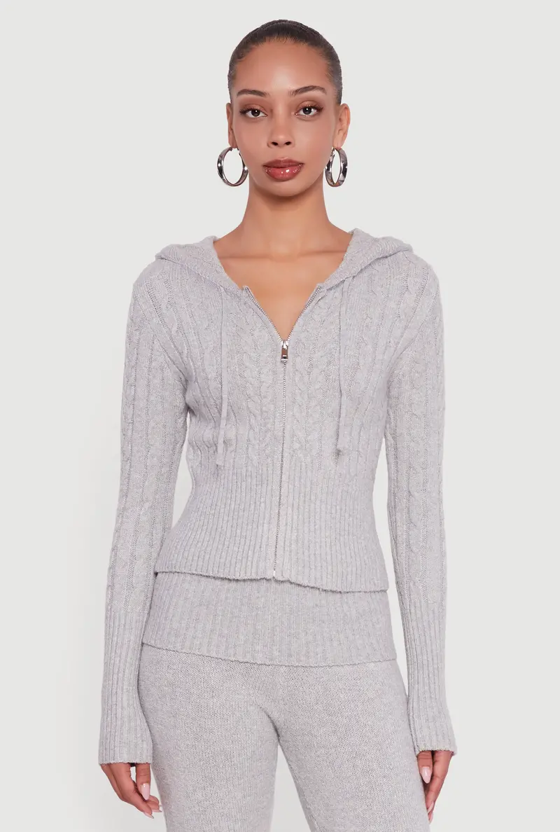 Brushed Cable Knit Cropped Cardigan With Hood 1