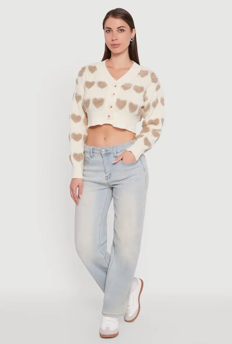 Brushed Chenille Cropped Cardigan Featuring Heart Motif 1