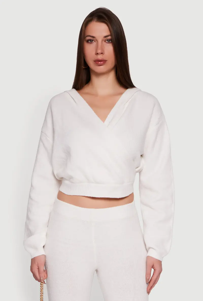 Brushed Knit Cropped Faux-Wrap Hoodie – Almost Famous 1