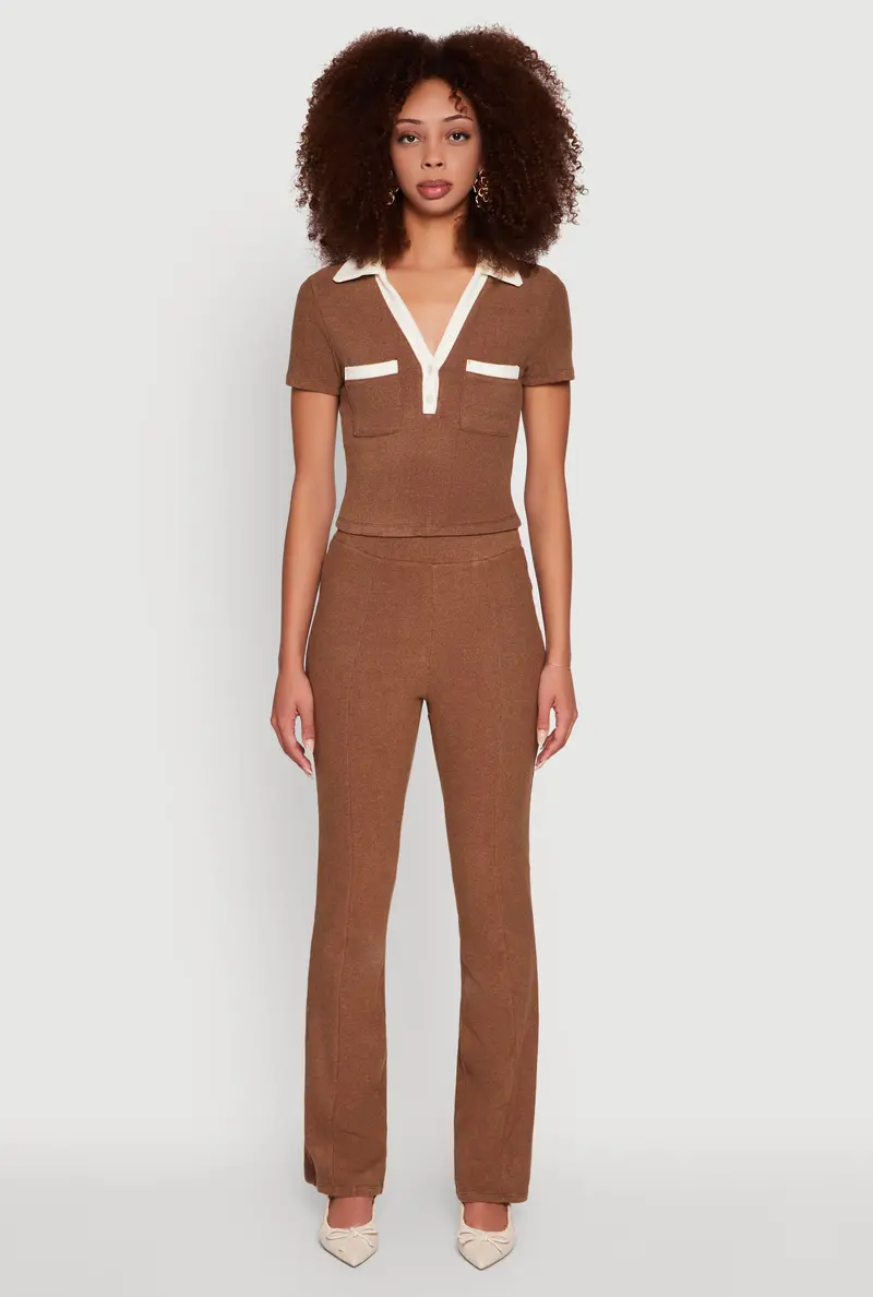 Brushed Knit Flared Dress Pants With Pintuck Detail 1