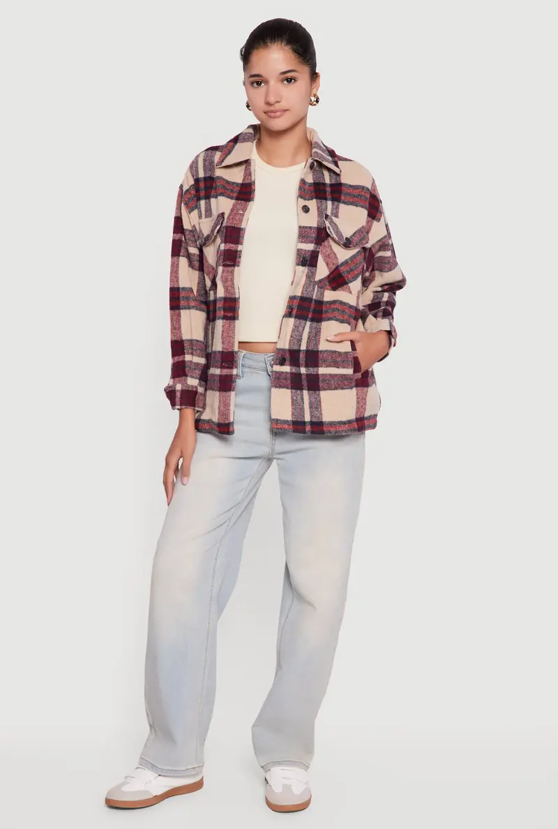 Brushed Knit Plaid Shacket With Button-Front Design 1