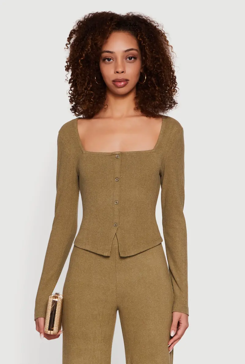 Brushed Knit Top With Square Neck And Long Sleeves 1