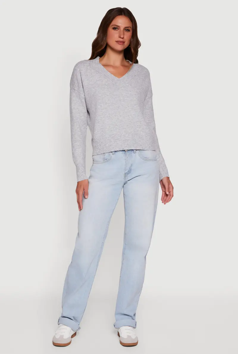 Brushed Knit V-Neck Long Sleeve Sweater 1