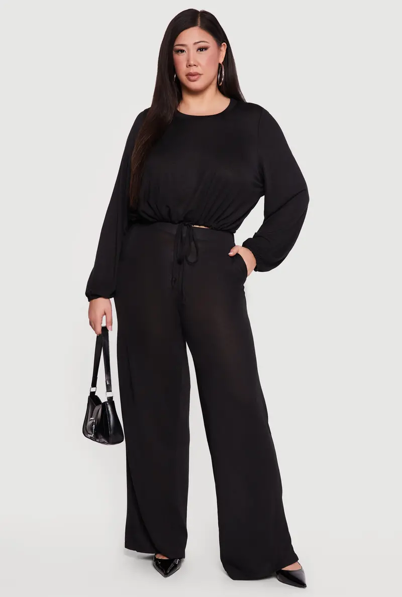 Brushed Knit Wide-Leg Pants – High-Waisted Plus Size Fit 1