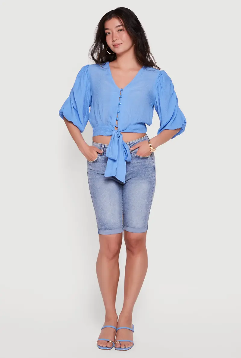 Bubble-Sleeve Gauze Knit Top With Adjustable Front-Tie Closure 1