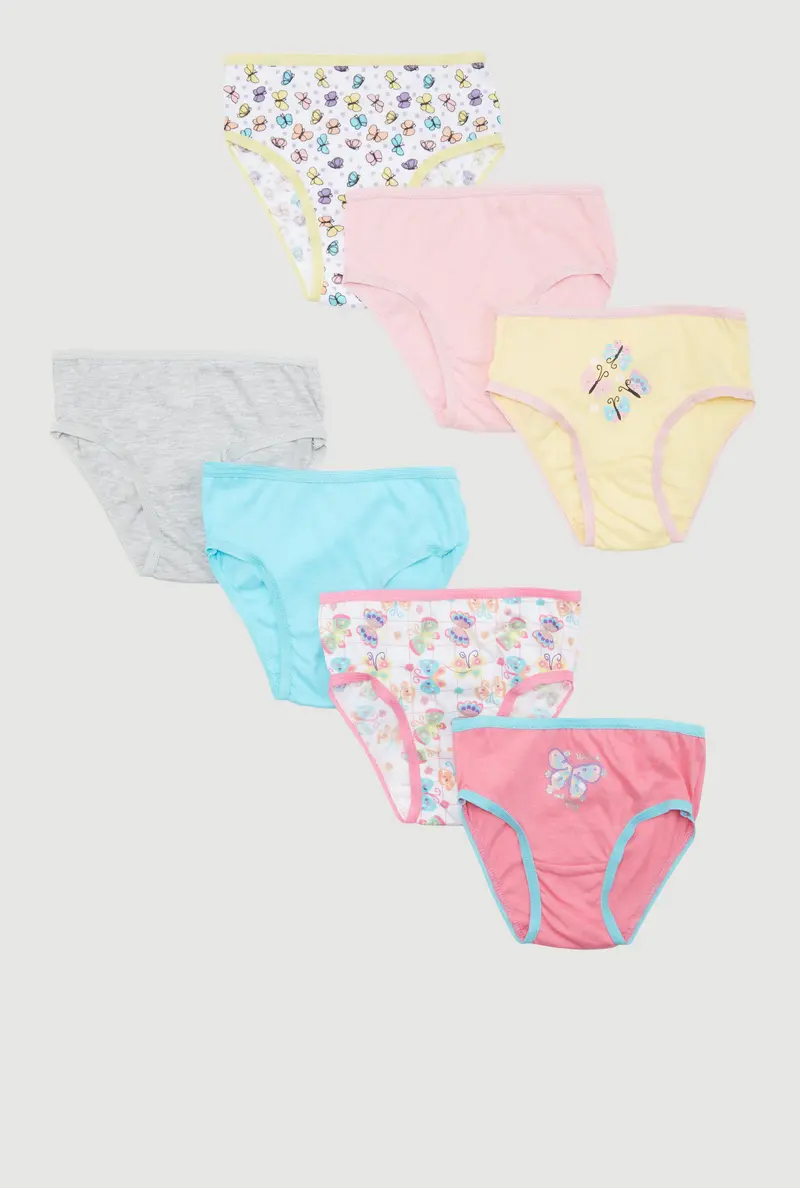 Butterfly-Print Panties With Contrast Trim For Little Girls – 7-Piece Soft Cotton Set 1