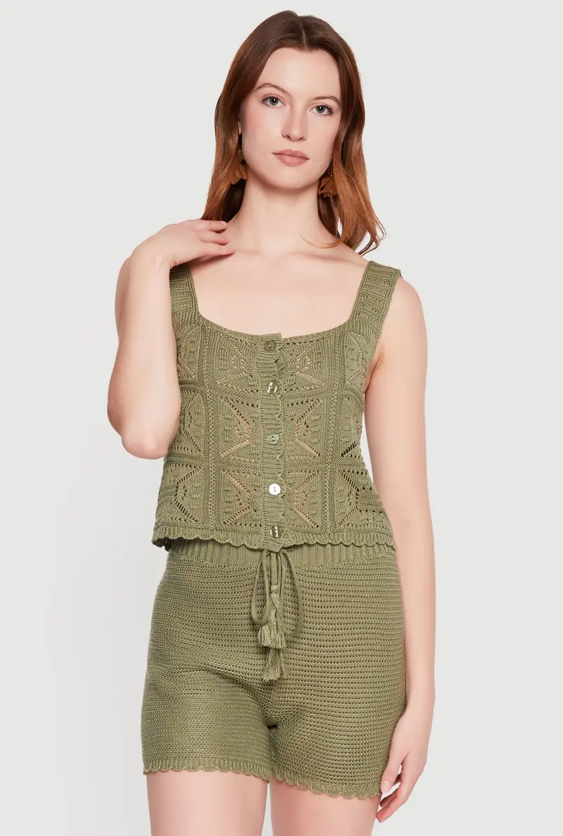 Button-Front Crochet Vest With Scalloped Hem And Square Neckline 1