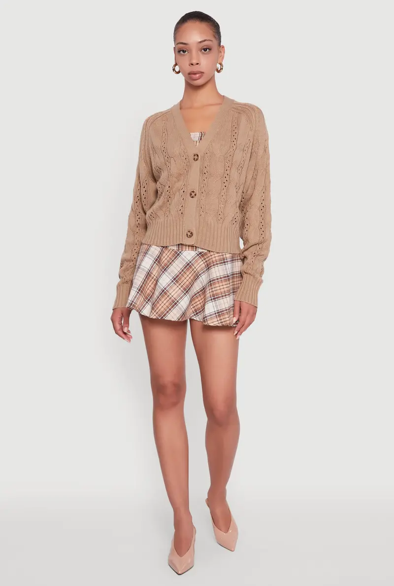Cable Knit Cardigan With Pointelle Texture And Button-Front Design 1
