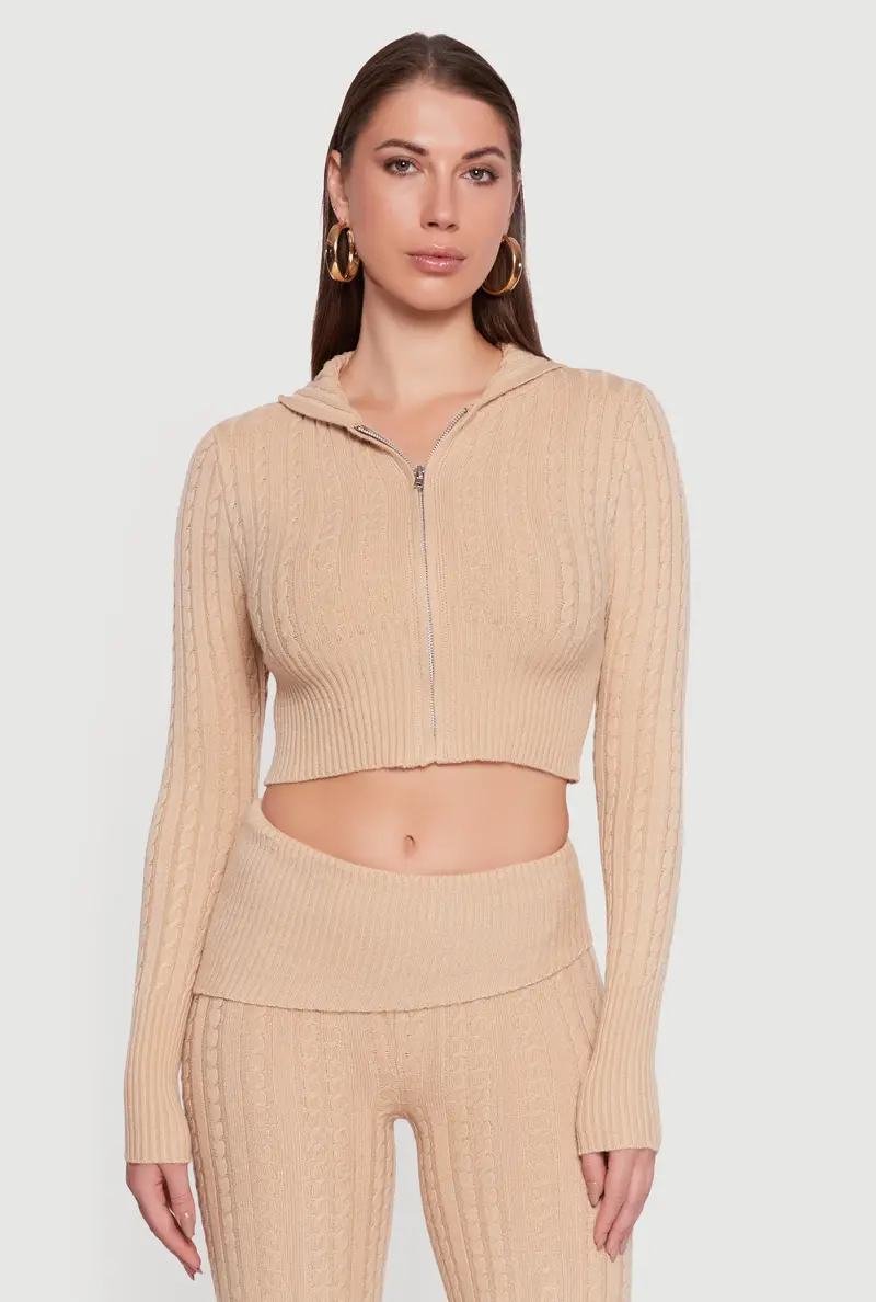 Cable Knit Cropped Hooded Zip-Up 1