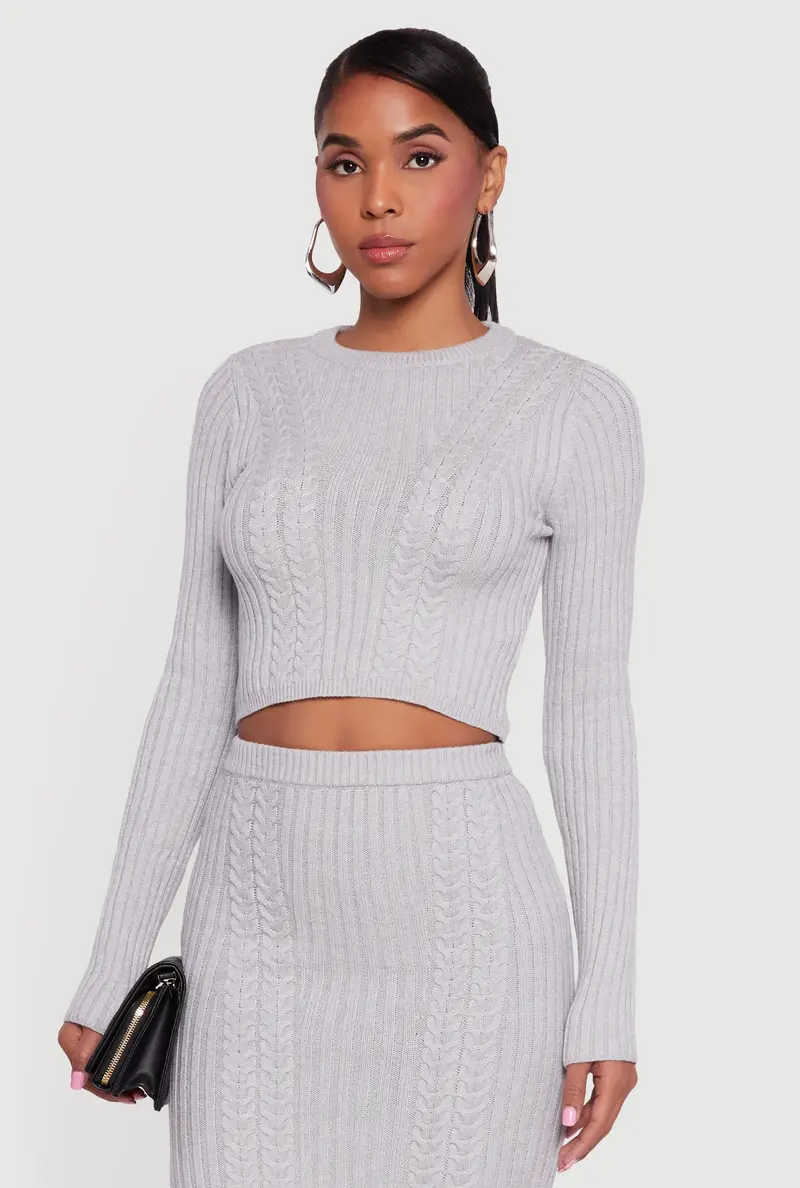 Cable-Knit Cropped Sweater With Ribbed Trim 1