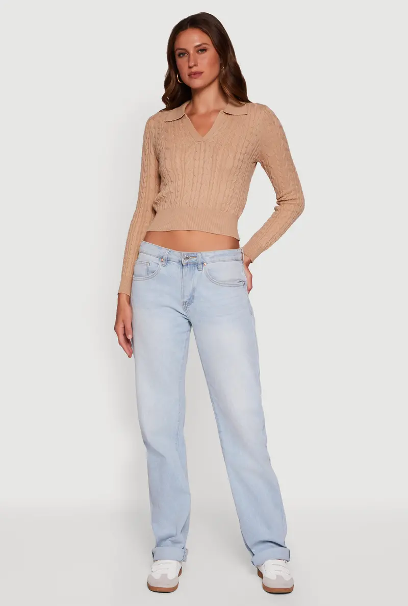 Cable Knit Long Sleeve Polo Sweater 1