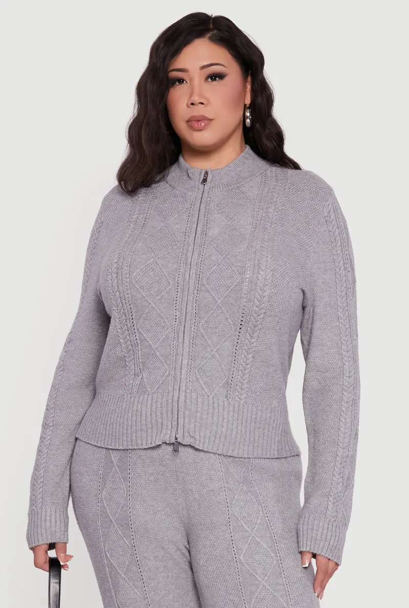 Cable-Knit Plus Size Zip-Front Sweater – 'Almost Famous' Style 1