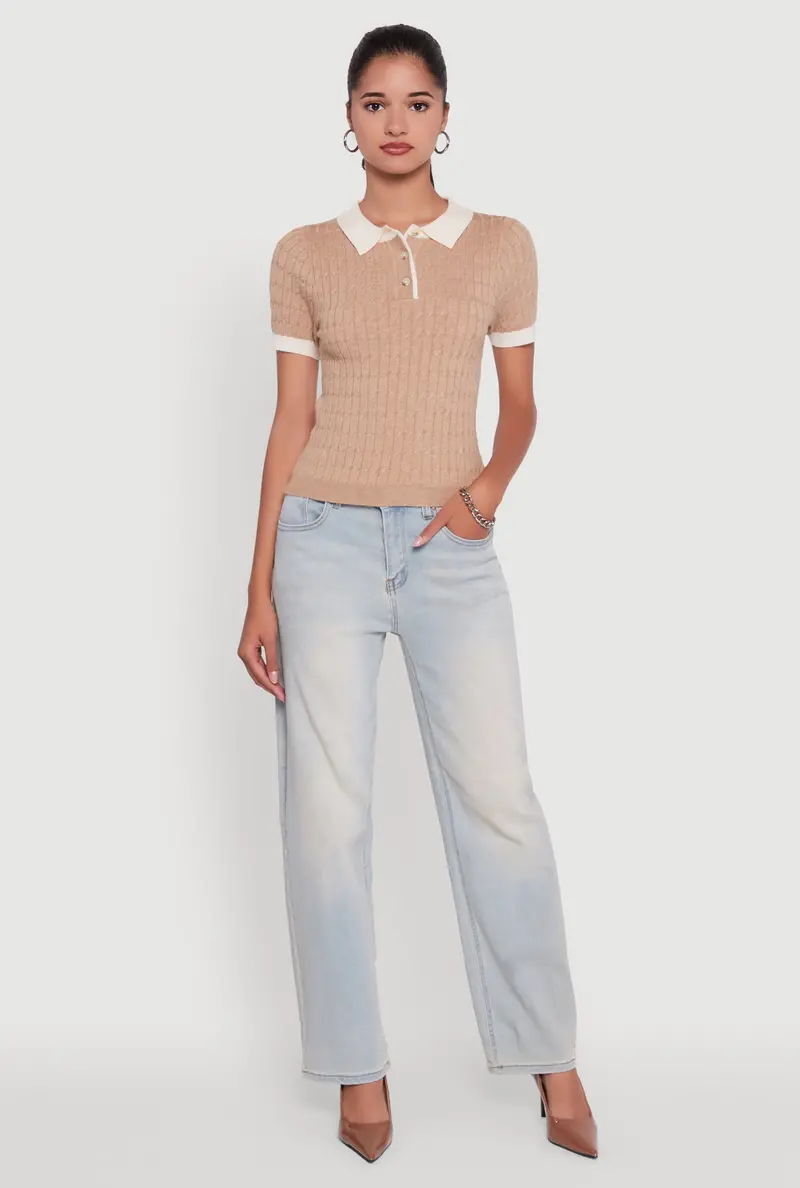 Cable Knit Polo-Style Sweater With Contrast Trim Detailing 1