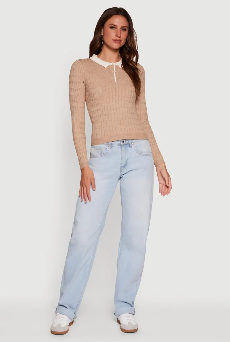 Cable Knit Polo Sweater With Contrasting Trim Accents 1
