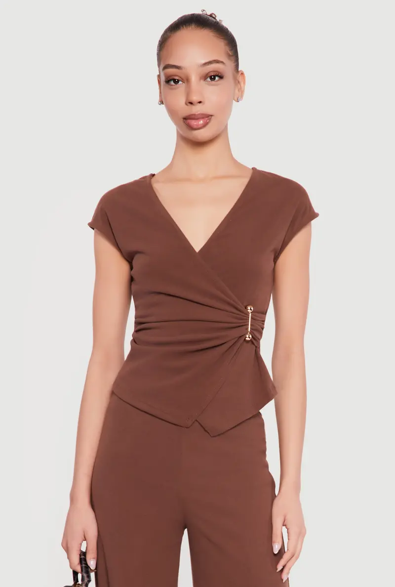 Cap-Sleeve Faux-Wrap Top Featuring Metallic Pendant Accent 1