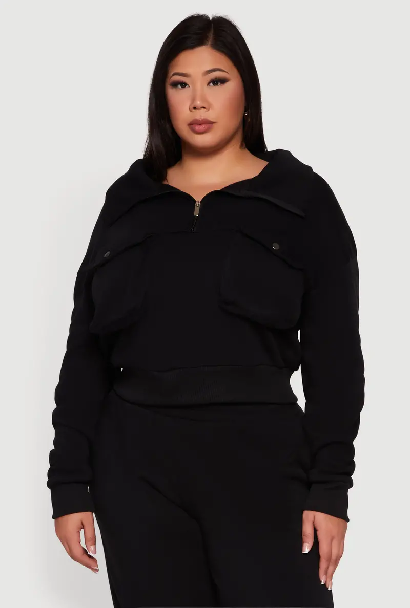 Casual Half-Zip Sweatshirt With Collar & Cargo Pockets – Plus Size 1