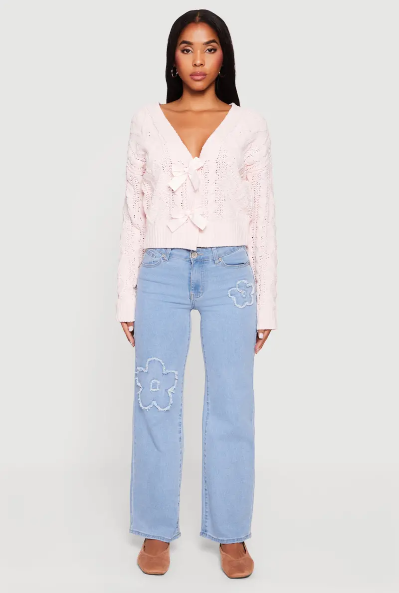 Chenille Cable Knit Cardigan With Decorative Bows 1