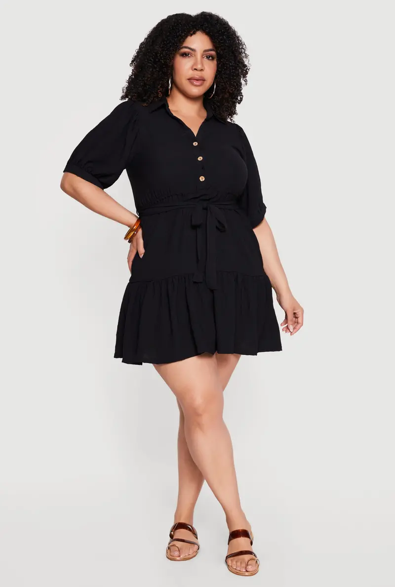 Chic Plus Size Mini Dress With Volume Sleeves And Belted Waist 1