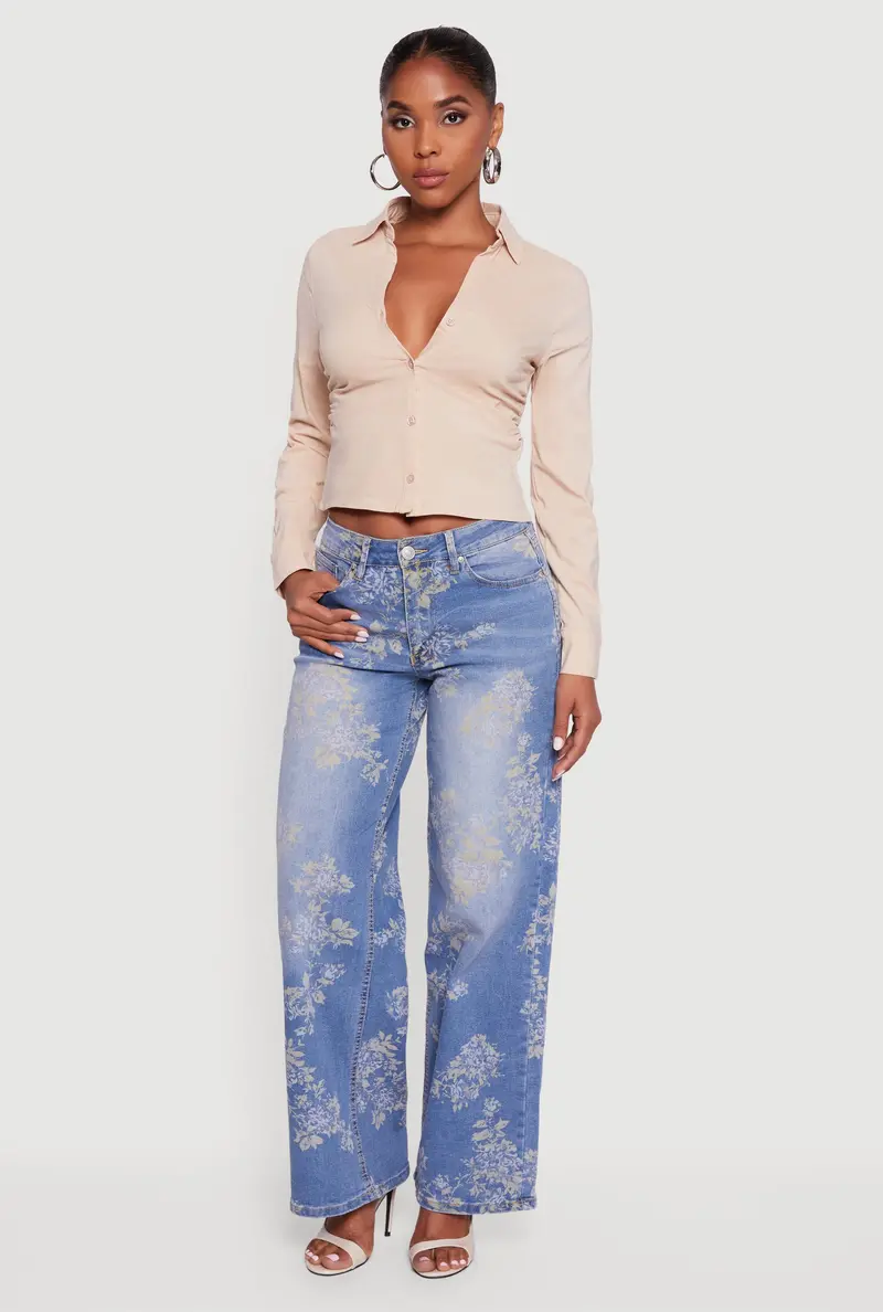 Collared Long-Sleeve Shirt With Side Ruching And Button Front 1