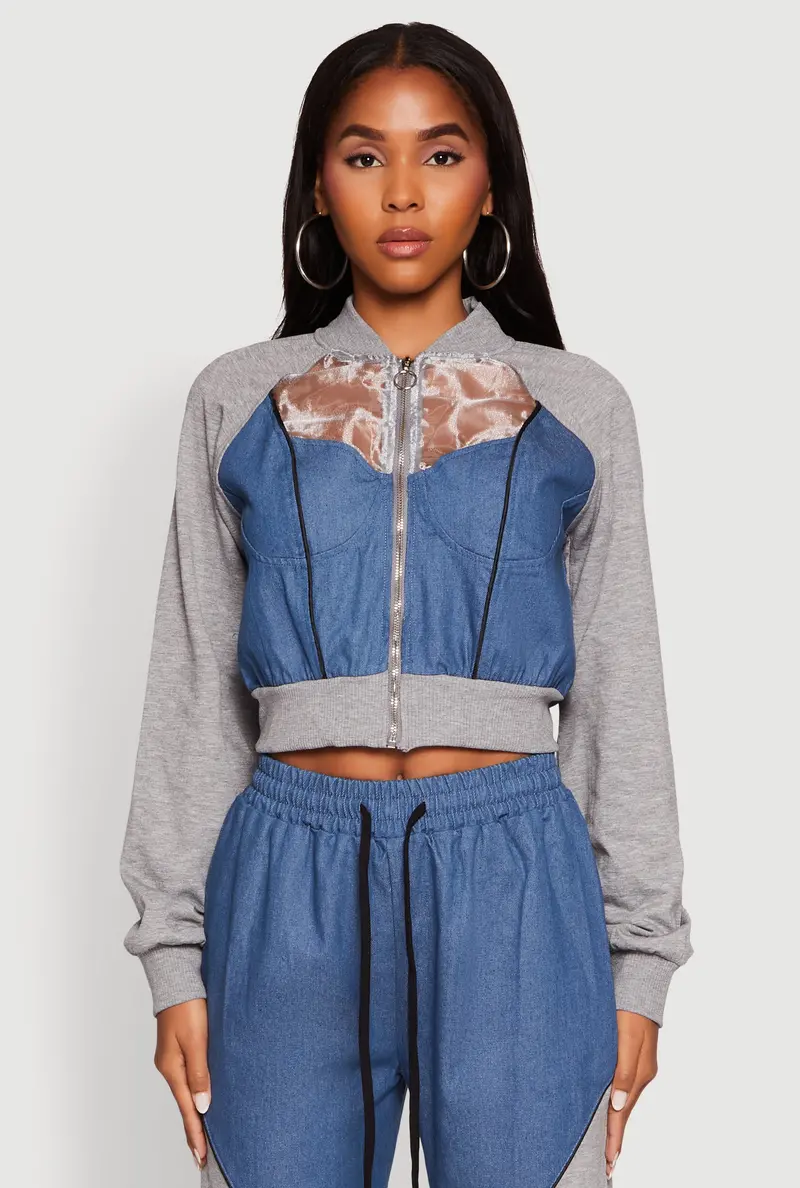 Color-Blocked Bomber Jacket With Sheer Inserts And Bustier Detail 1