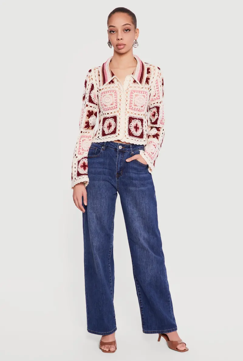Color-Blocked Crochet Bell Sleeve Blouse 1
