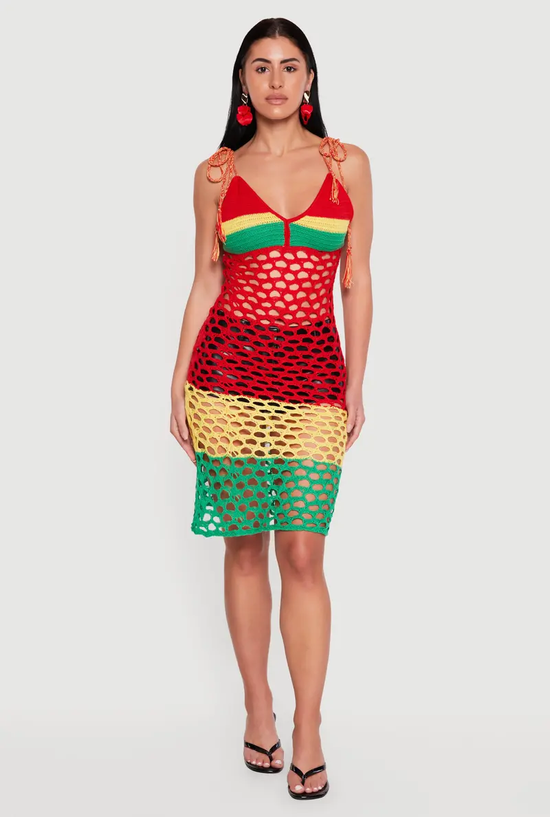 Color-Blocked Crochet Dress With Tie Shoulder Straps 1