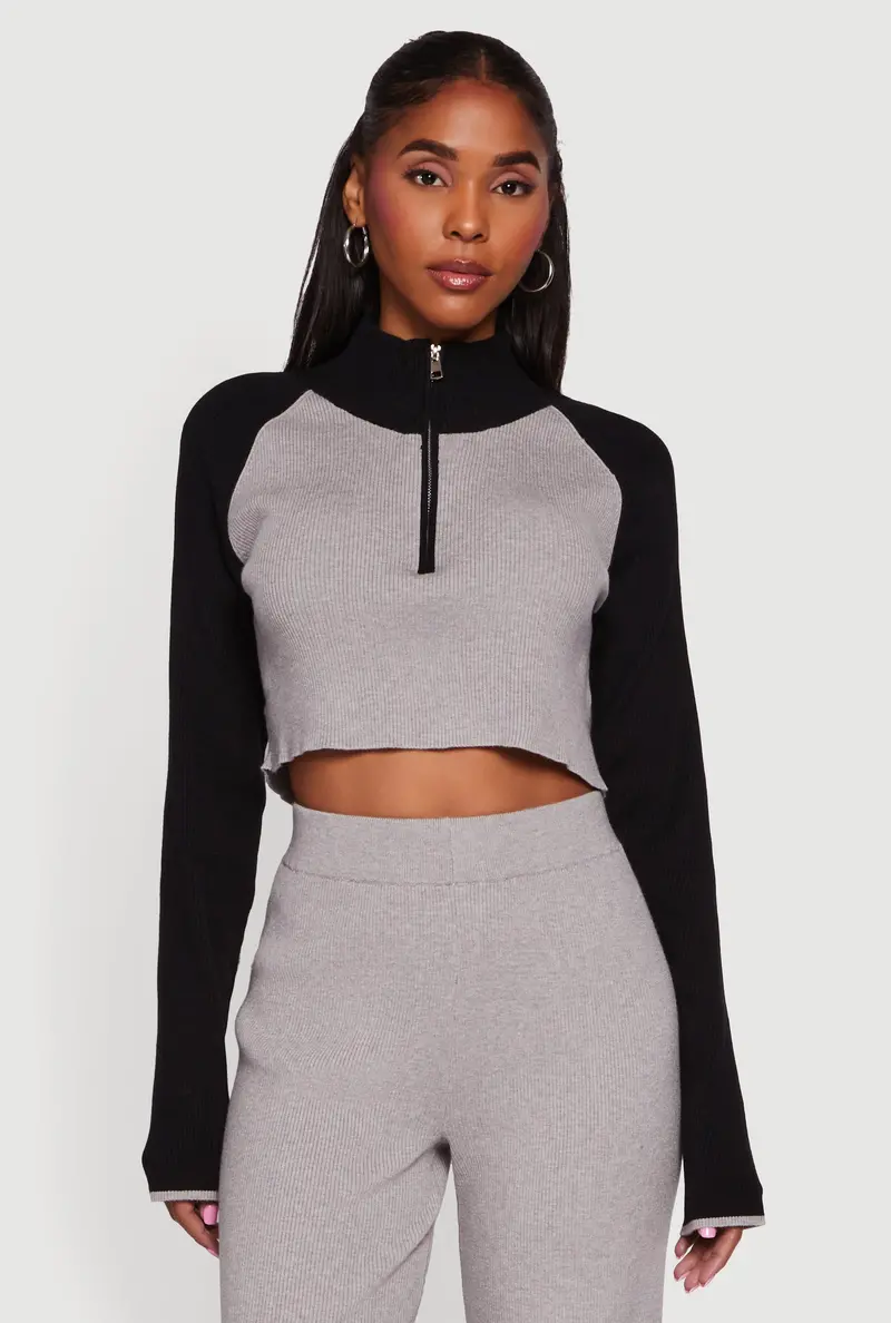 Color-Blocked Crop Sweater With Half-Zip Closure 1