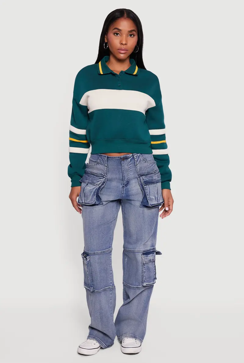 Color-Blocked Cropped Polo-Collar Sweatshirt 1