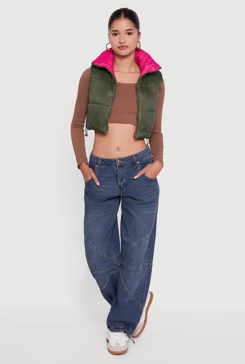 Color-Blocked Puffer Vest With Drawstring Hem 1