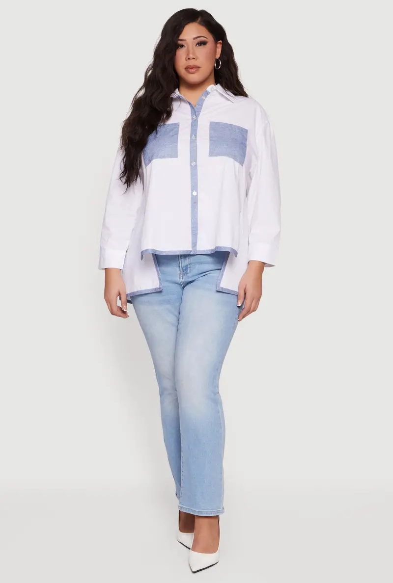 Color-Blocked Shirt Style Top With Side Slits – Plus Size 1