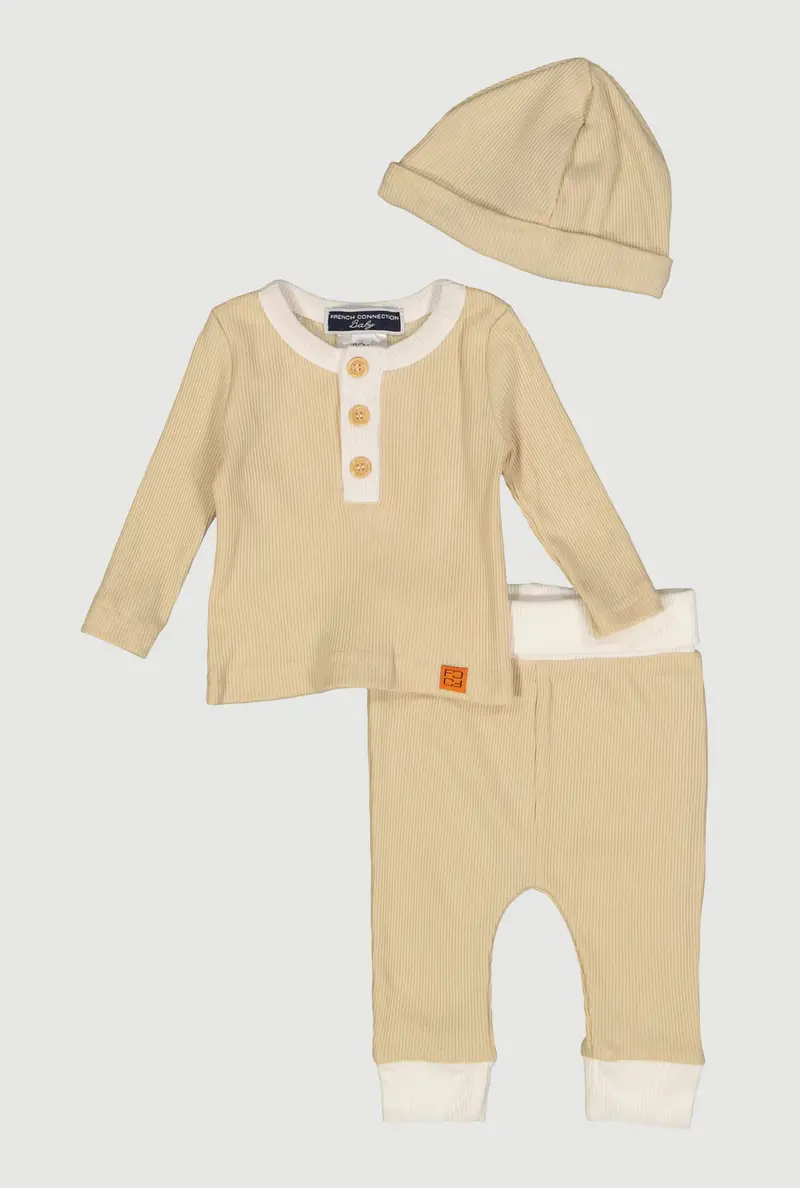 Color-Blocked Waffle-Knit Outfit Set For Baby Boys – Top, Joggers & Hat (0–9 Months) 1