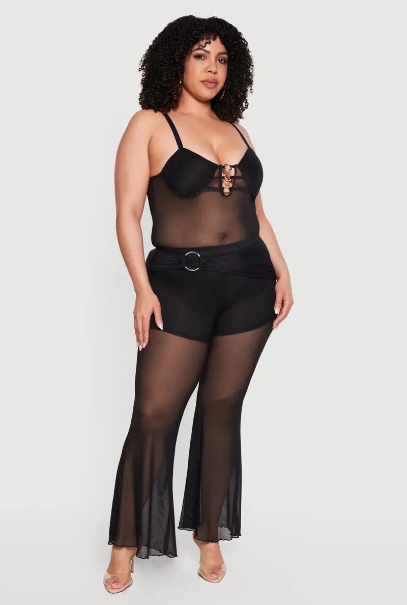 Contemporary Flared Pants With O-Ring Waistband And Sheer Mesh Panel 1
