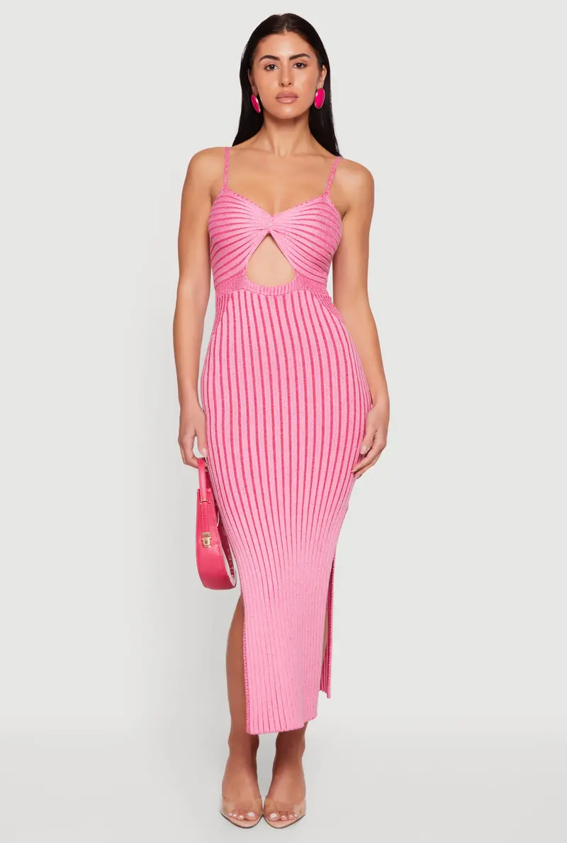 Contemporary Ribbed Striped Midi Dress – Keyhole Cutout Design 1