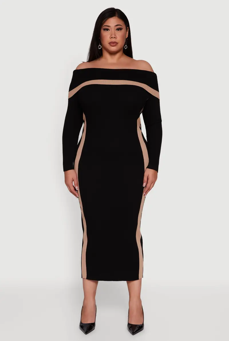Contrast-Trim Ribbed Sweater Dress – Plus Size 1