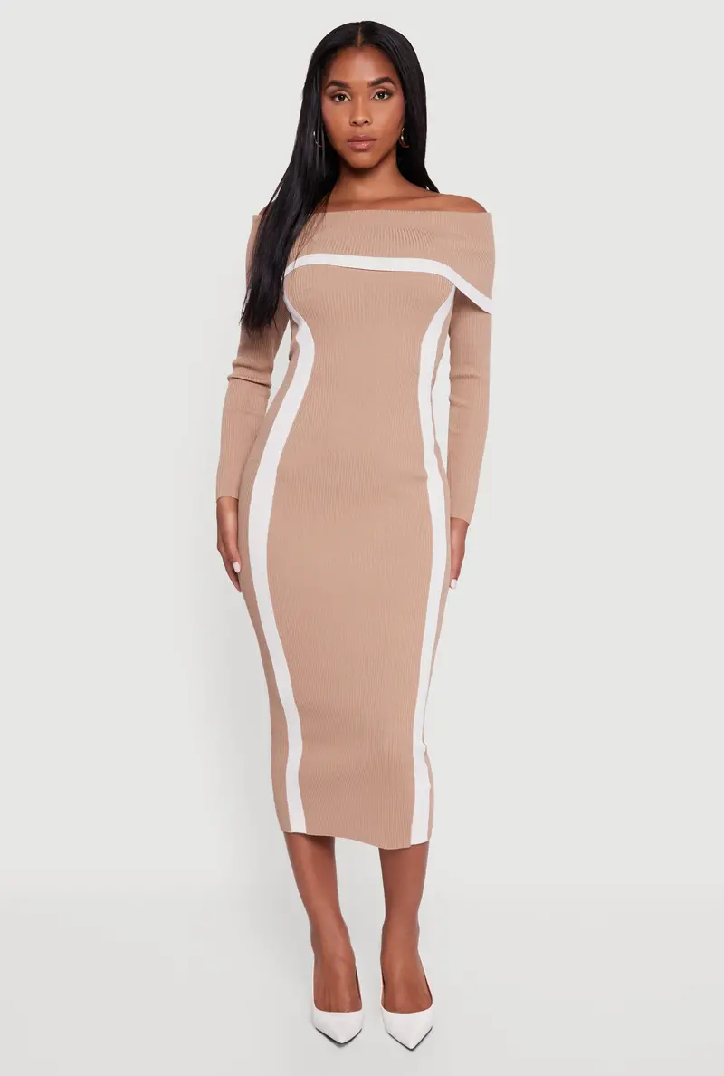 Contrast-Trimmed Ribbed Knit Sweater Dress 1