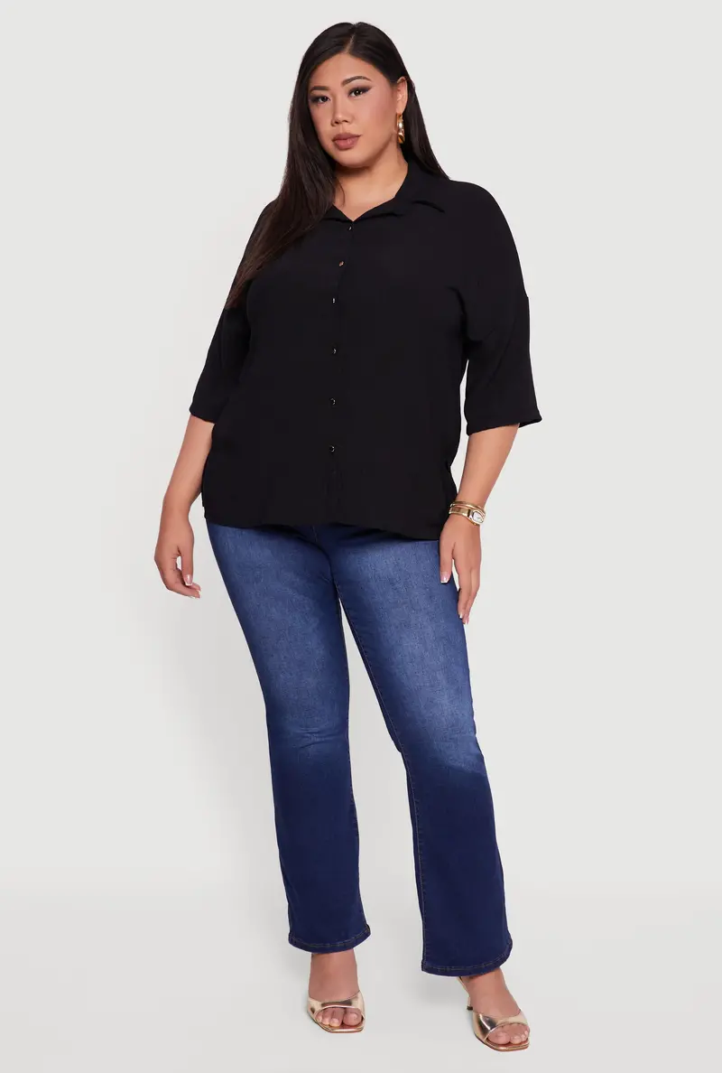 Crepe Knit Boxy Shirt With Button-Front Closure – Plus Size 1